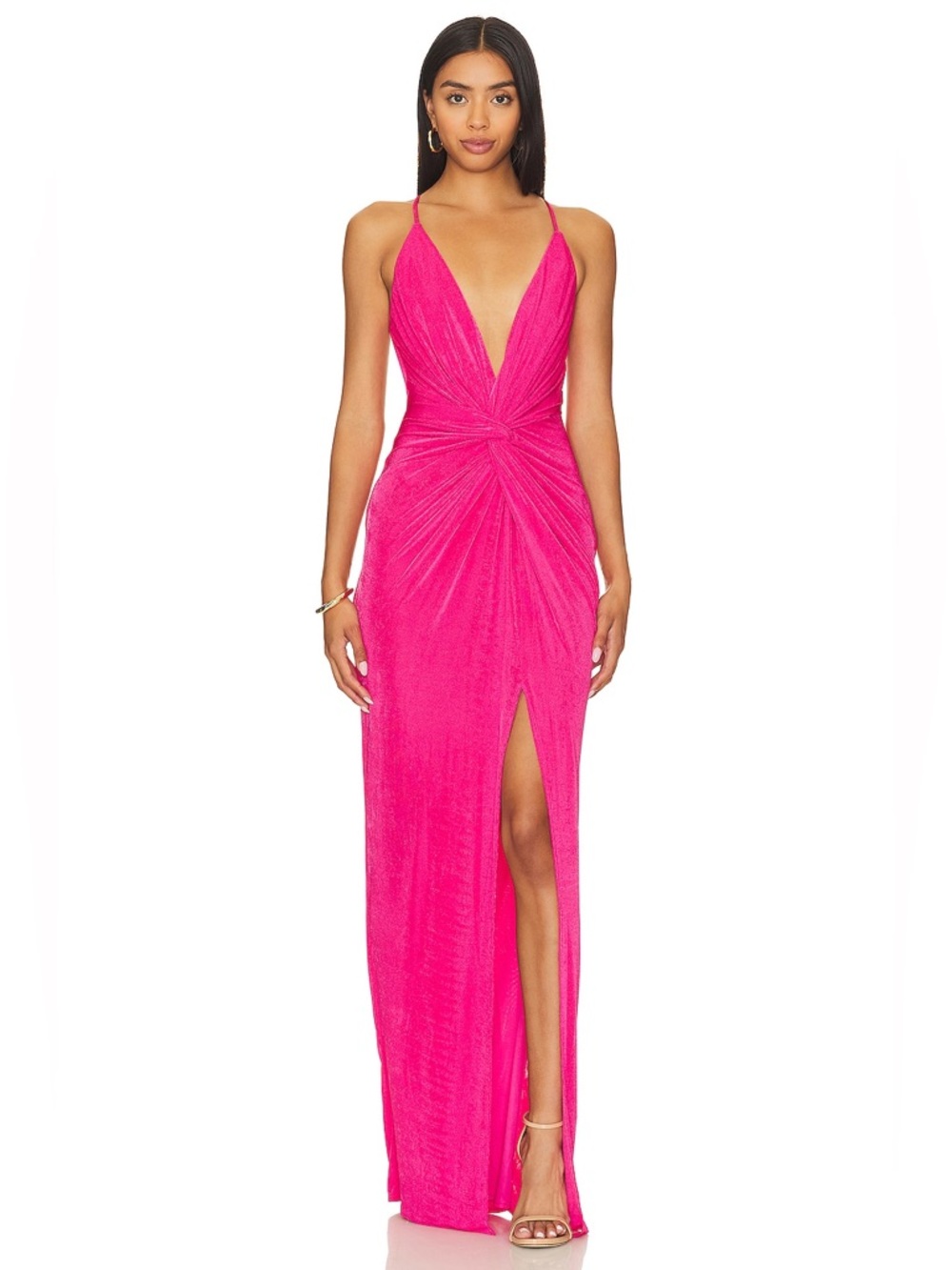Katie May Hot Pink Backless Plunge Gown with Side Slit